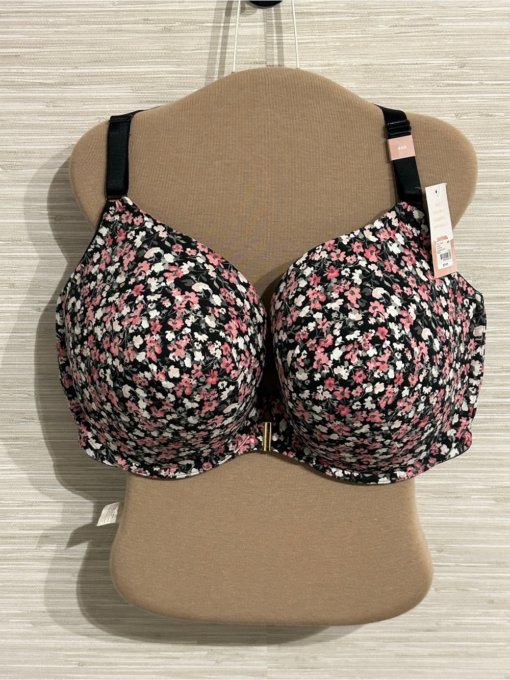 NWT Cacique The Cotton Collection Black Pink Floral Boost Plunge Bra Size 44G